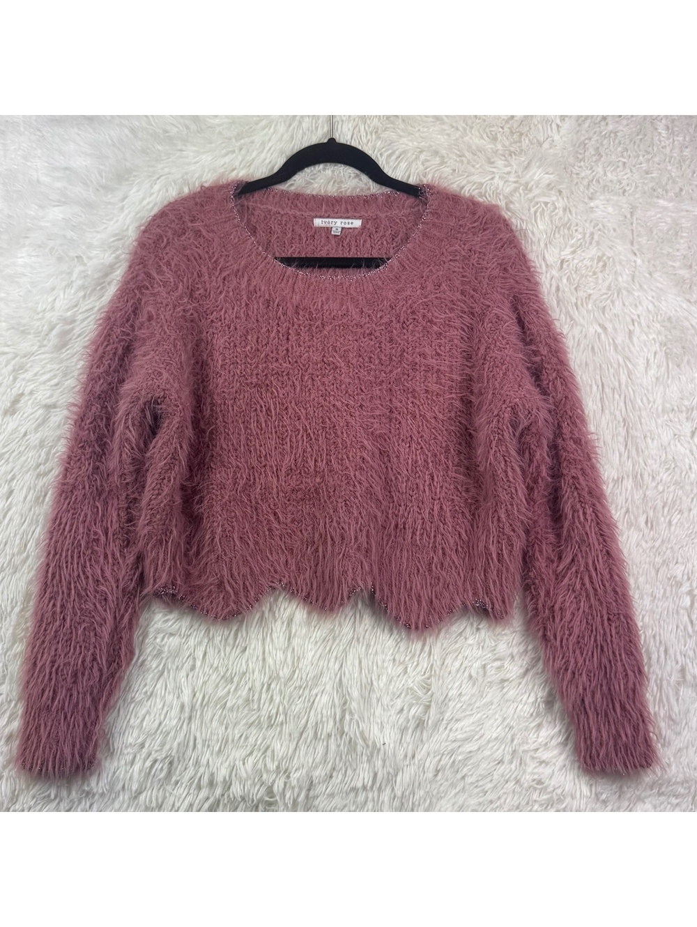 Ivory Rose Dusty Pink Shaggy Knit Scalloped Crop Sweater